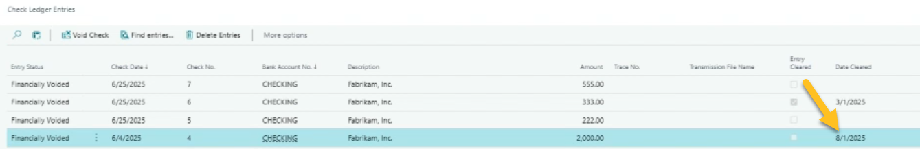 Check Ledger Entries page Date Cleared field with void date