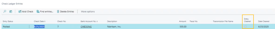 Check Ledger Entries page Entry Cleared checkbox