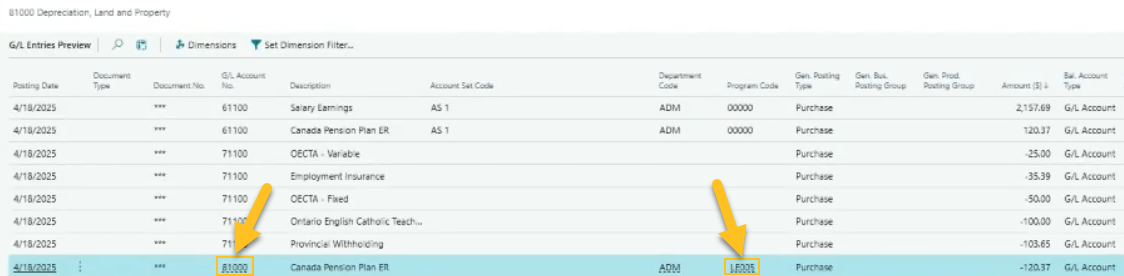 G/L Entries Preview page