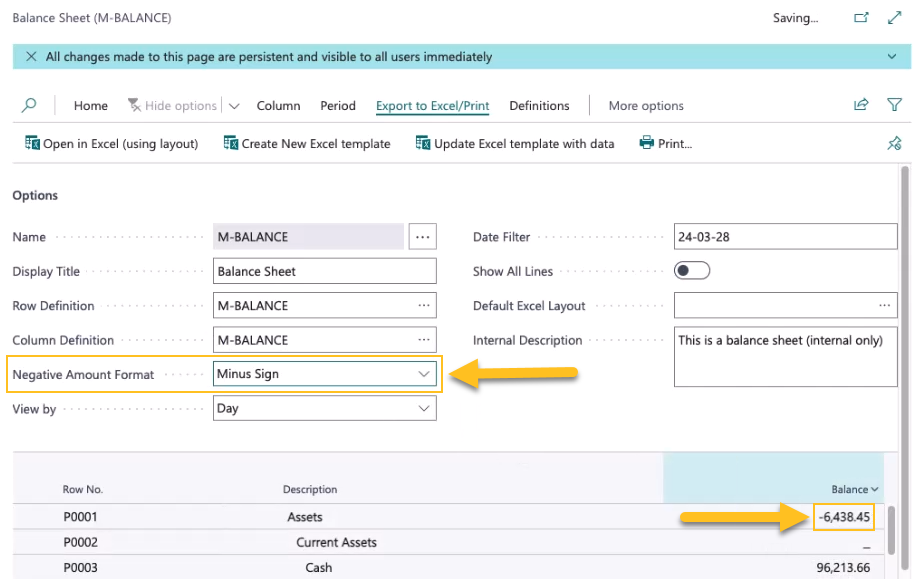 Balance Sheet report definition page negative amount format example