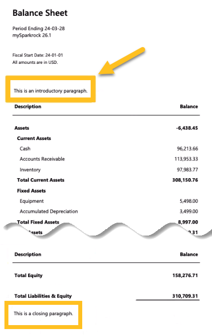 Balance Sheet report example with introductory and closing paragraphs