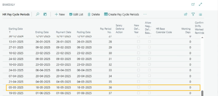 HR Pay Cycle Periods page Monday to Sunday