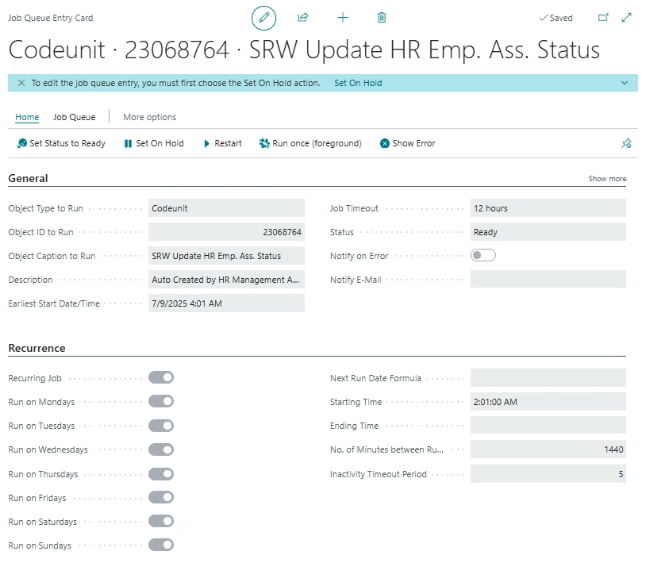 Job Queue Entry Card page Object ID to Run 23068764