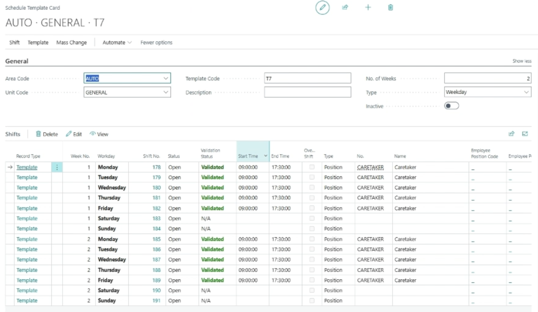 Schedule Template Card page Monday to Sunday