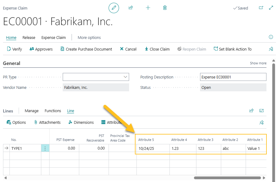 Expense Claim page Attribute fields