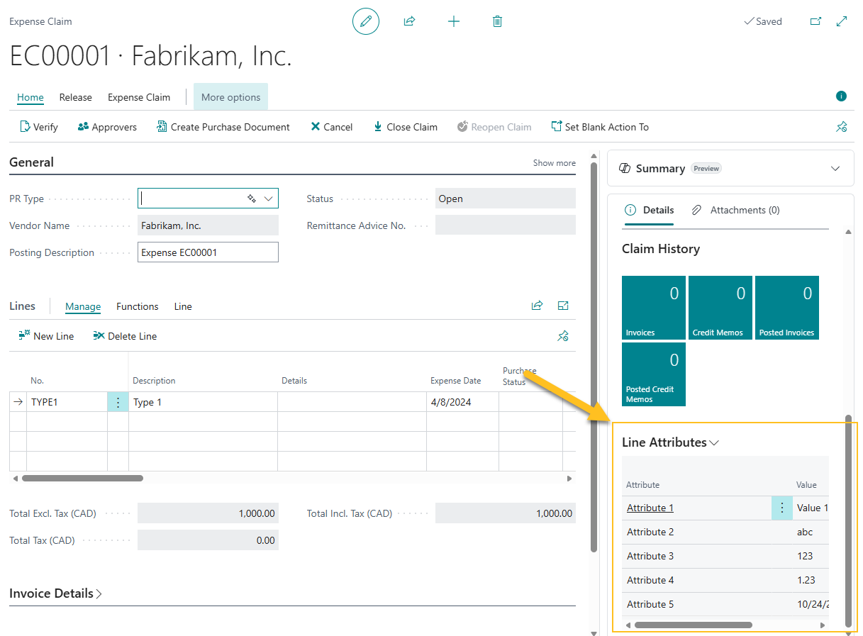 Expense Claim page - Line Attributes FactBox