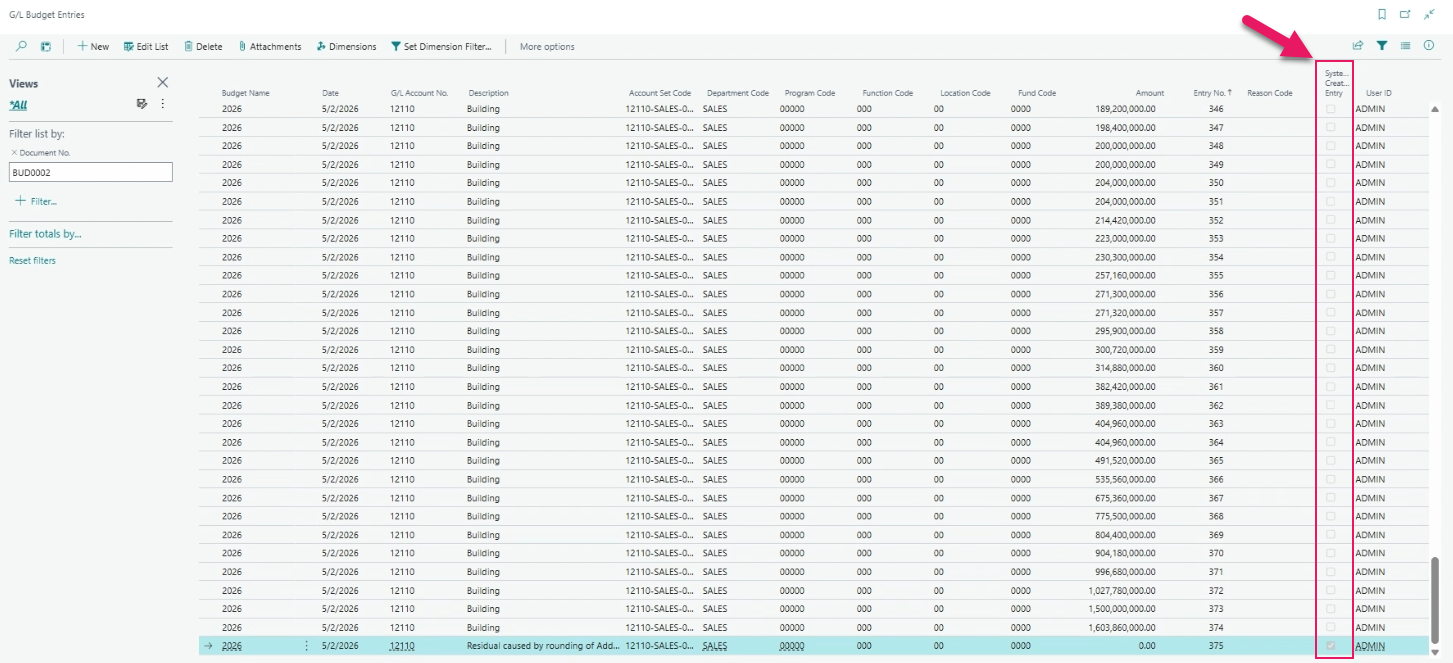 G/L Budget Entries page System Created Entry field