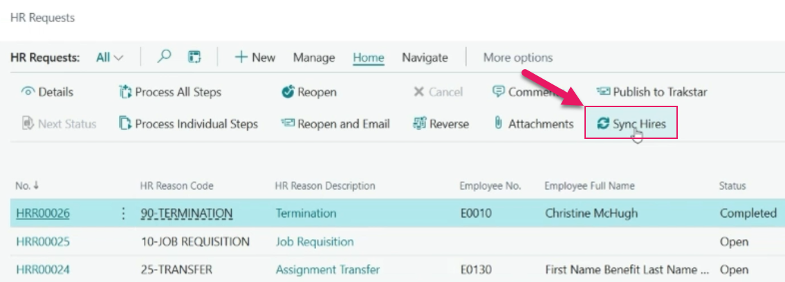 HR Request page Sync Hires action