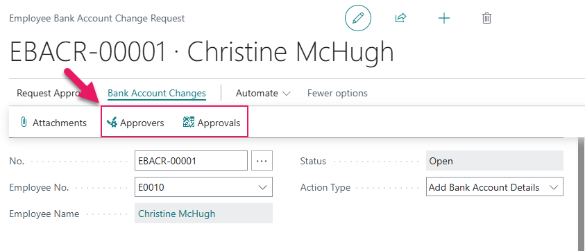 Employee Bank Account Change Request page Approvers and Approvals actions