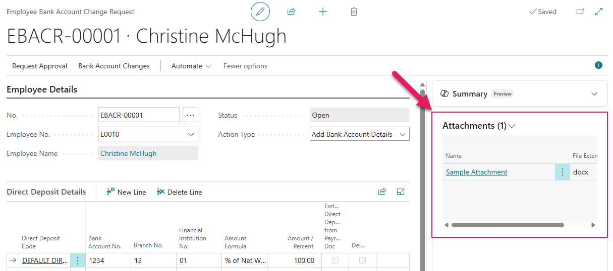 Employee Bank Account Change Request page Attachments FactBox