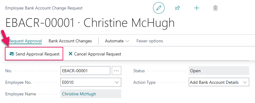 Employee Bank Account Change Request page Send Approval Request action