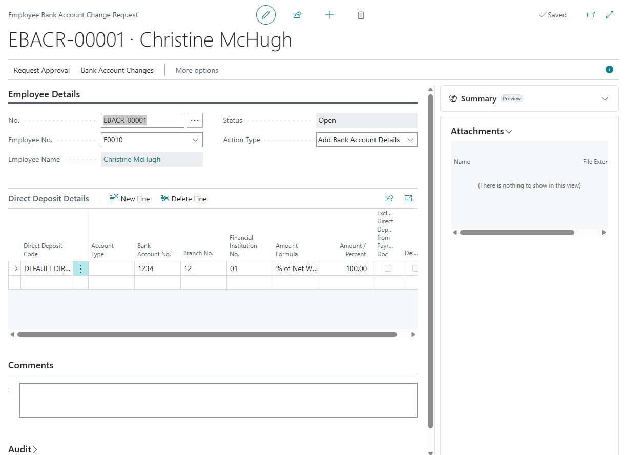 Employee Bank Account Change Request page