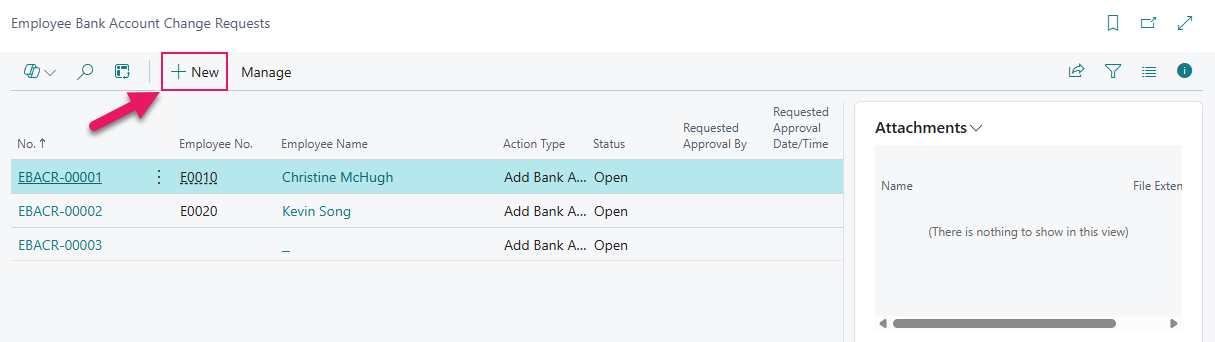 Employee Bank Account Change Requests page New action