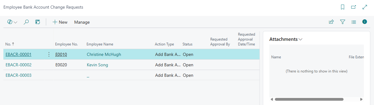 Employee Bank Account Change Requests page