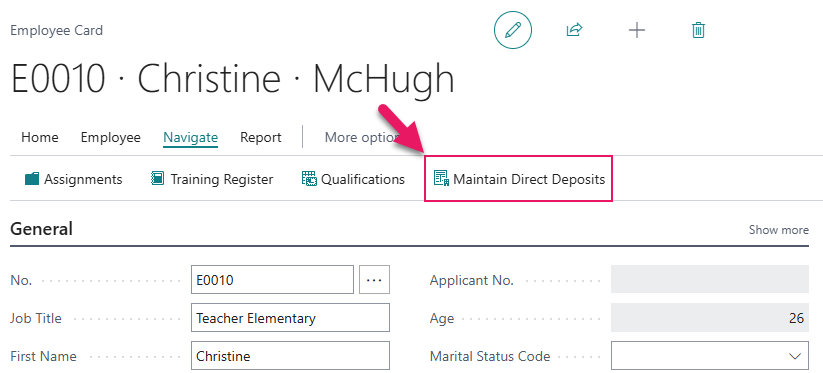 Employee Card page Maintain Direct Deposit action
