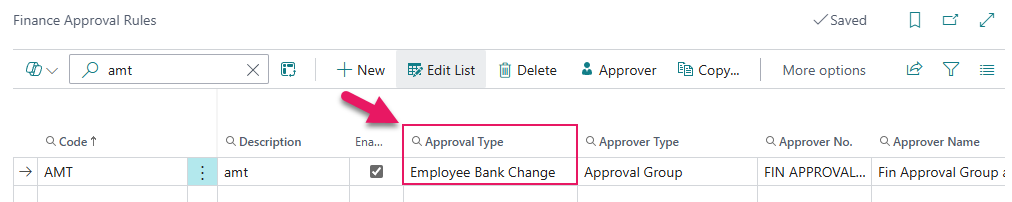 Finance Approval Rules page Approval Type of Employee Bank Change