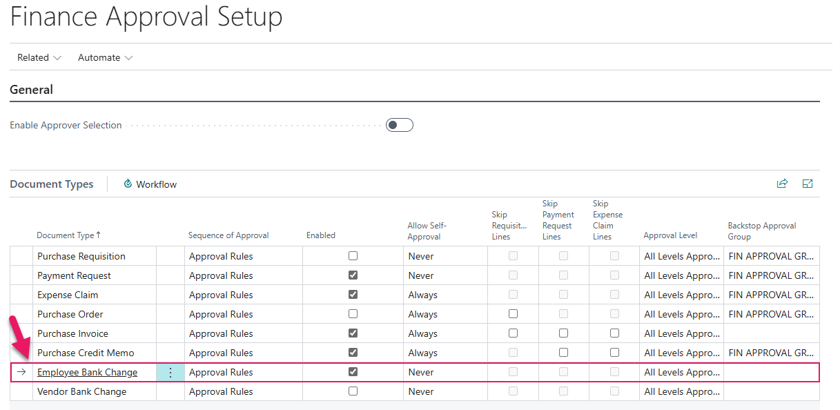Finance Approval Setup page Employee Bank Change enabled