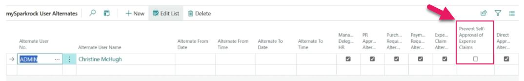 mySparkrock User Alternates page Prevent Self-Approval of Expense Claims field
