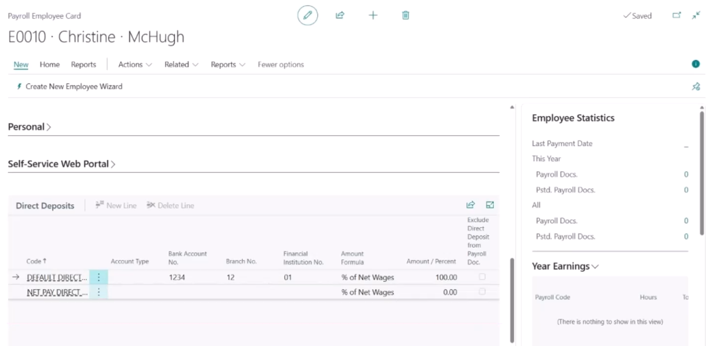 Payroll Employee Card page Direct Deposits FastTab read only