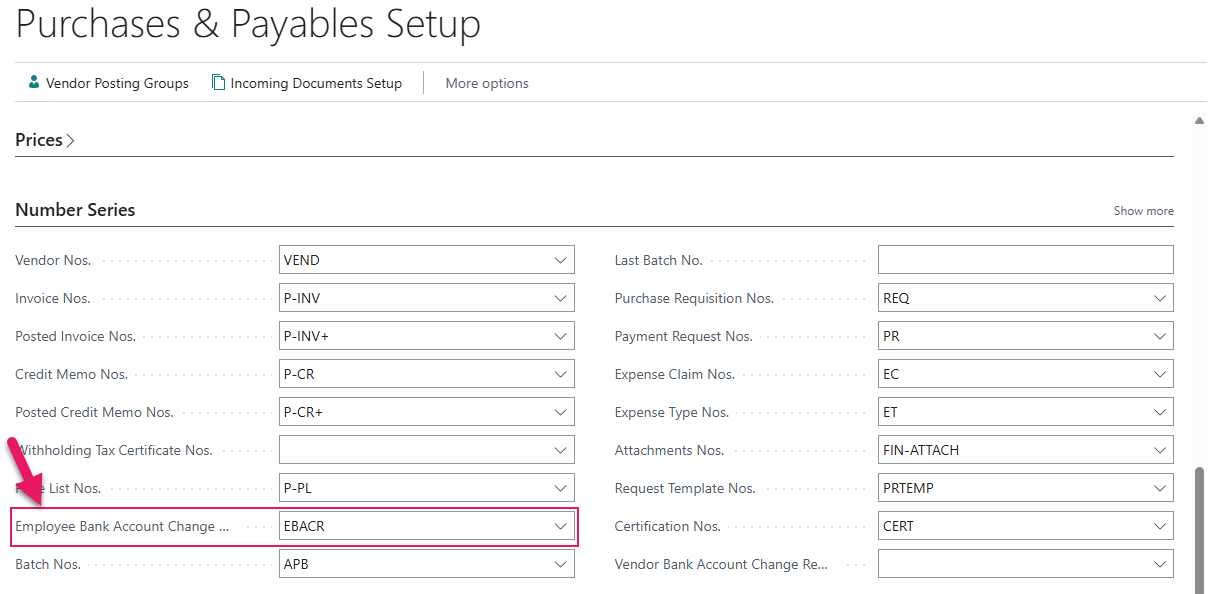 Purchases & Payables Setup page Employee Bank Account Change Request Nos. field