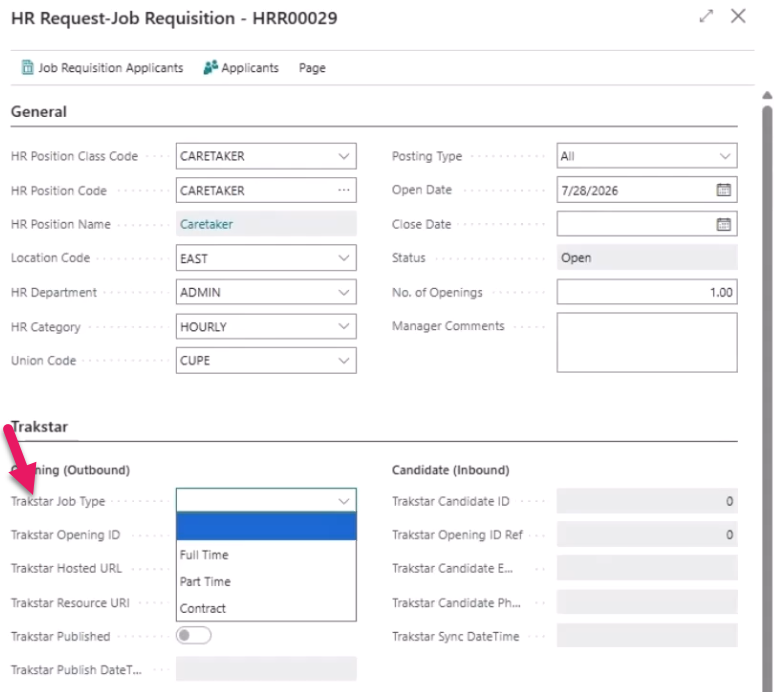 HR Request-Job Requisition page Trakstar Job Type field