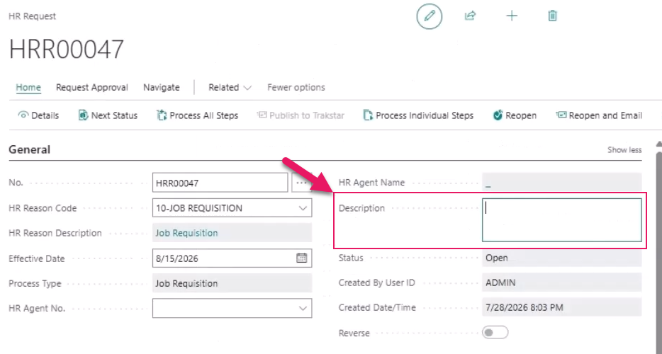 HR Request page Description field