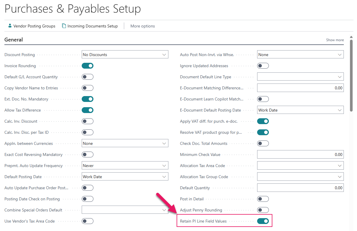 Purchases & Payables Setup page Retain PI Line Field Values field