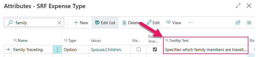 Attributes - SRF Expense Type page Tooltip Text field