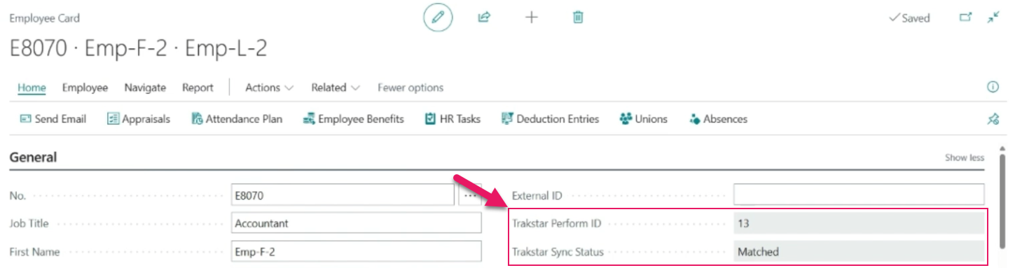 Employee Card page Trakstar Perform ID and Trakstar Sync Status fields