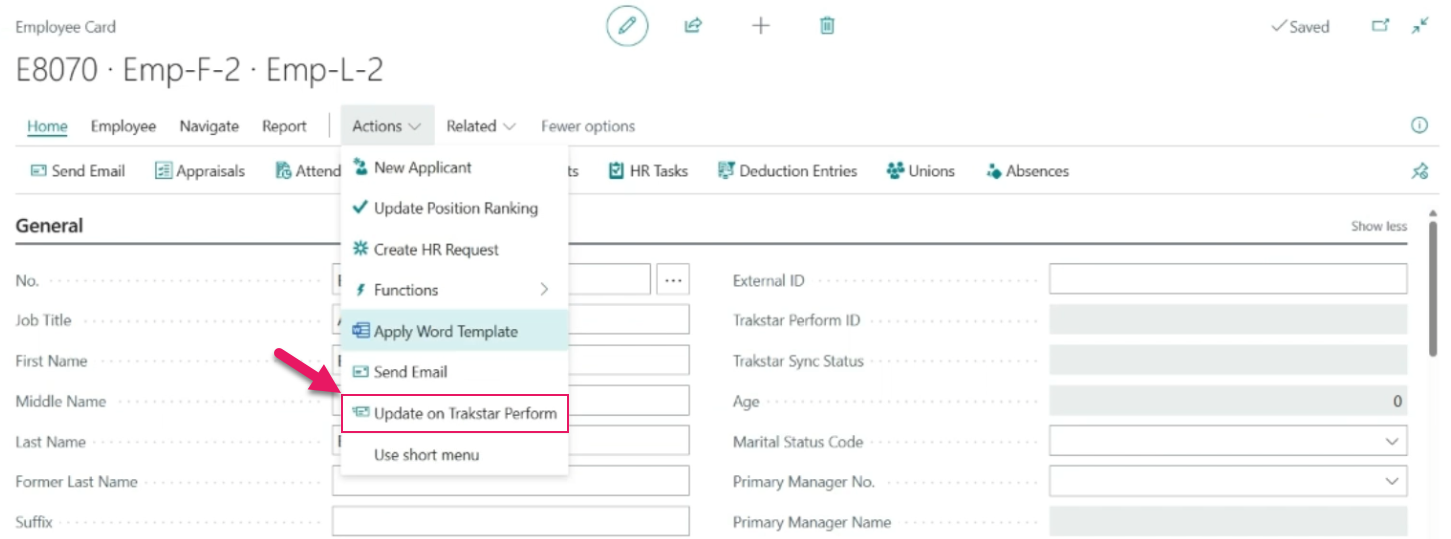 Employee Card page Update on Trakstar Perform action