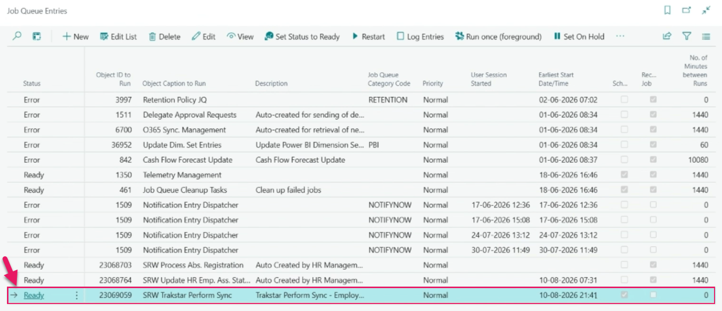 Job Queue Entries page SRW Trakstar Perform Sync job