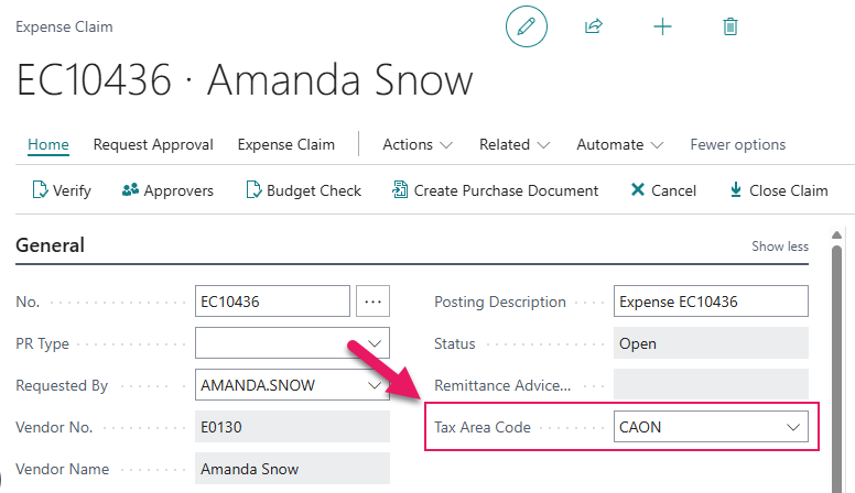 Expense Claim page Tax Area Code field