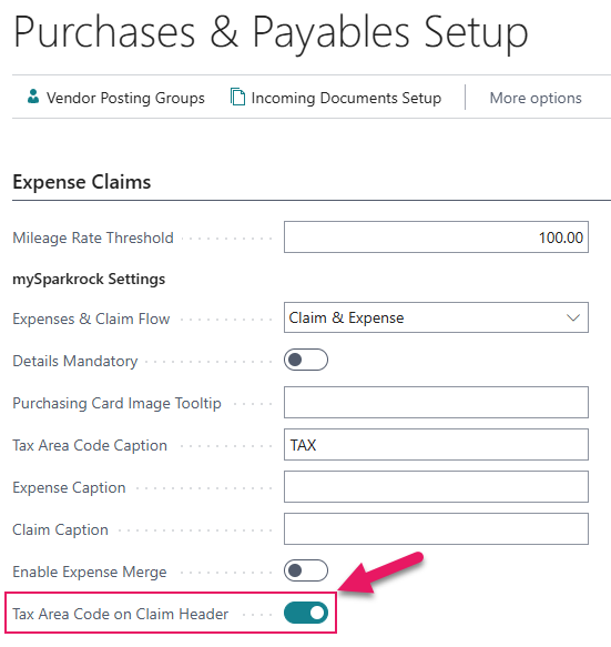 Purchases & Payables Setup page Tax Area Code on Claim Header field