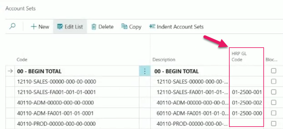 Account Sets page HRP GL Code column