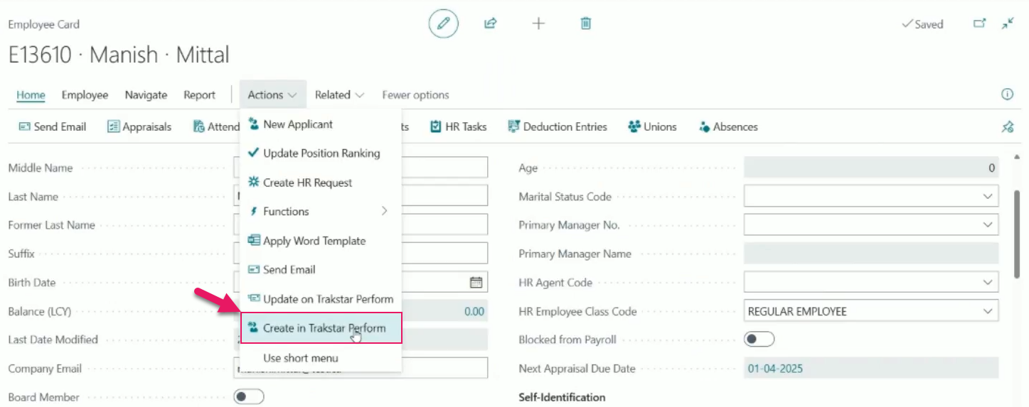 Employee Card page Create in Trakstar Perform action