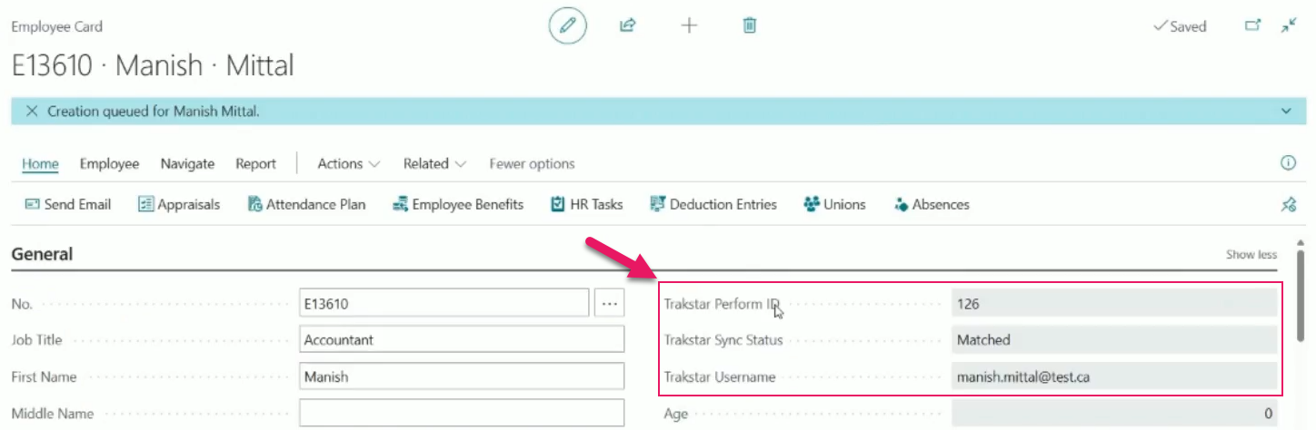 Employee Card page Trakstar Perform ID, Trakstar Sync Status, and Trakstar Username fields