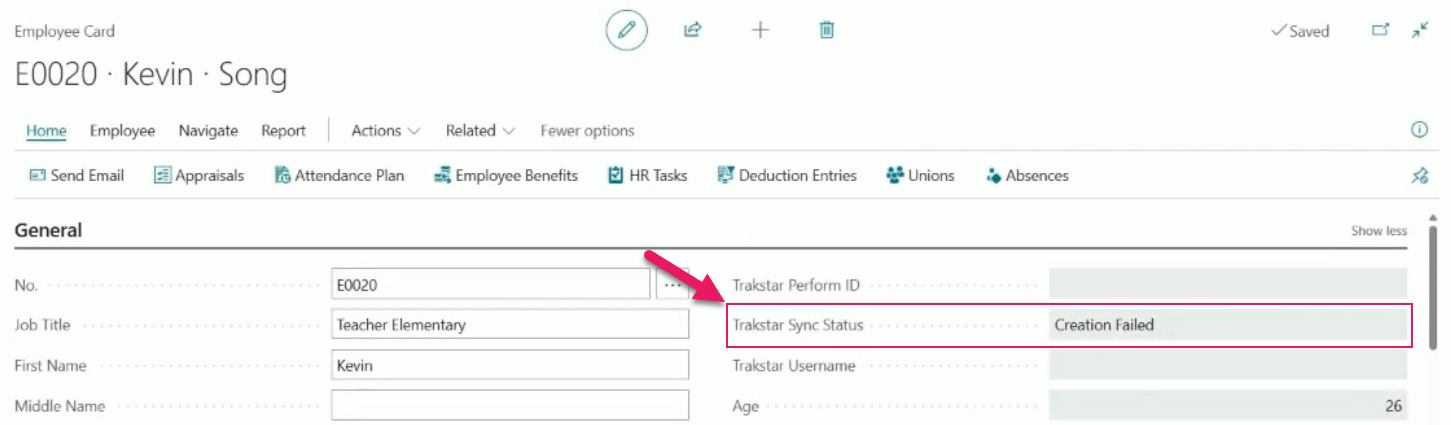Employee Card page Trakstar Sync Status field