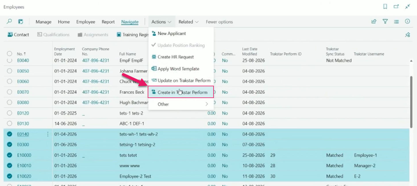Employees page Create in Trakstar Perform action