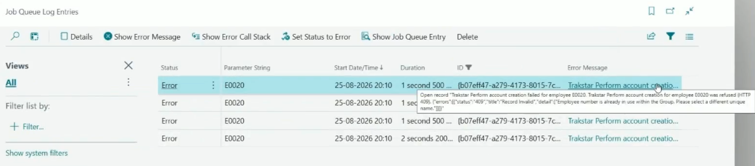 Job Queue Log Entries page Error Message example