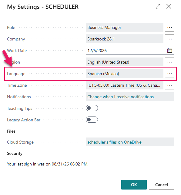 My Settings page Language Spanish (Mexico)