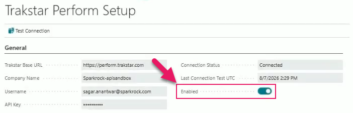 Trakstar Perform Setup page Enabled field