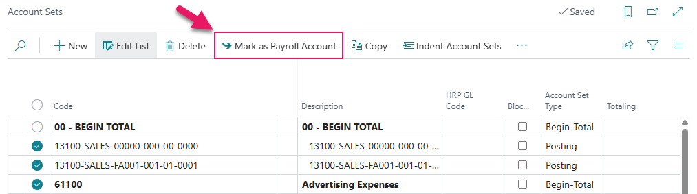 Account Sets page Mark as Payroll Account action