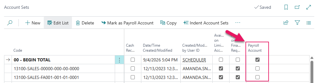 Account Sets page Payroll Account field