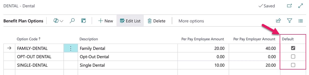 Benefit Plan Options page Default field