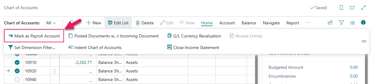 Chart of Accounts page Mark as Payroll Account action