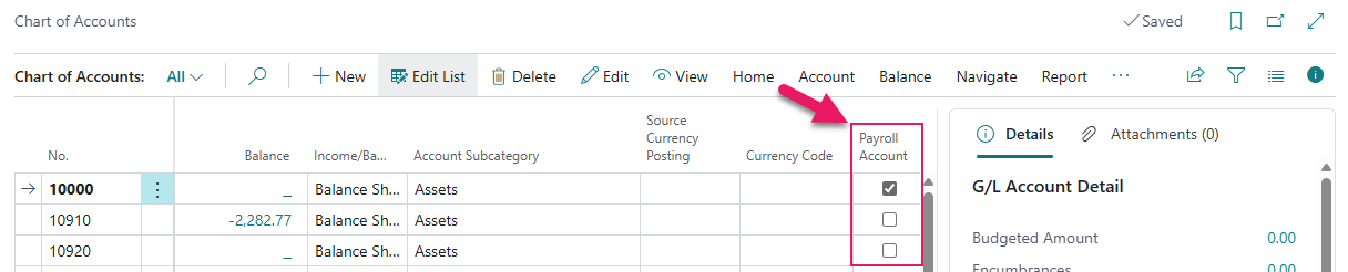 Chart of Accounts page Payroll Account field