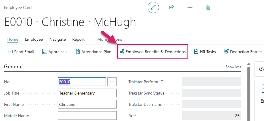 Employee Card page Employee Benefits & Deductions action
