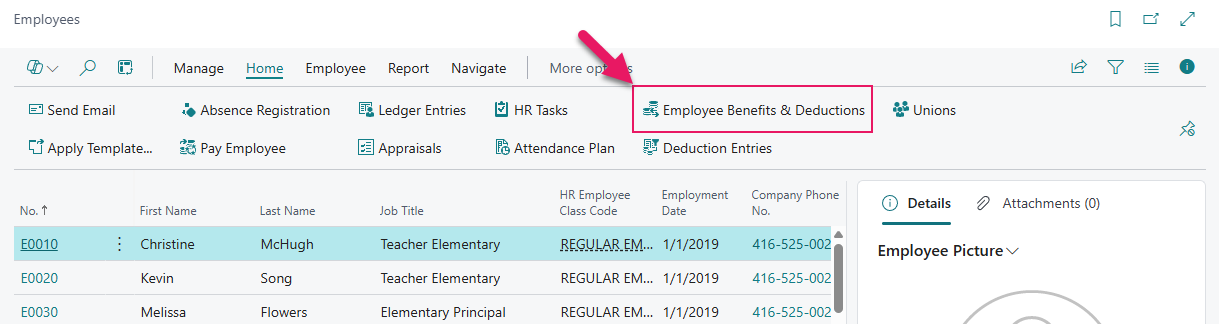 Employees page Employee Benefits & Deductions action