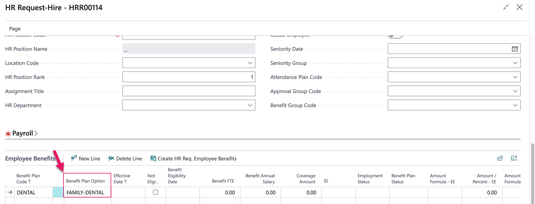 HR Request-Hire page Benefit Plan Option field