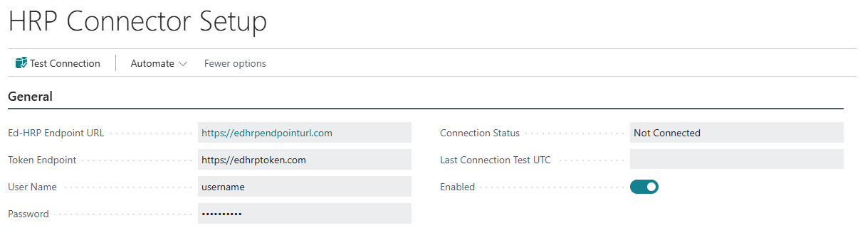 HRP Connector Setup page